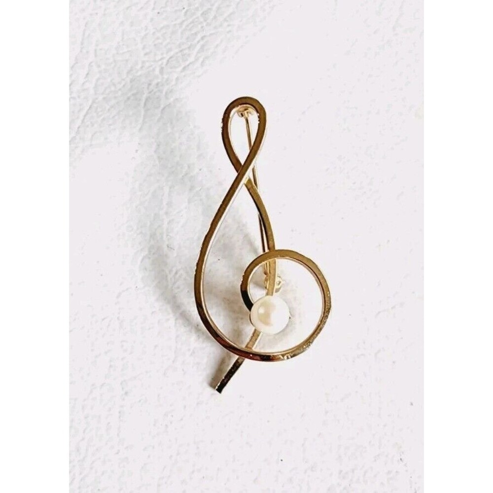 Vintage TM 1/20 12k Gold-Filled Music G-Clef Note Cultured Pearl Musical Brooch